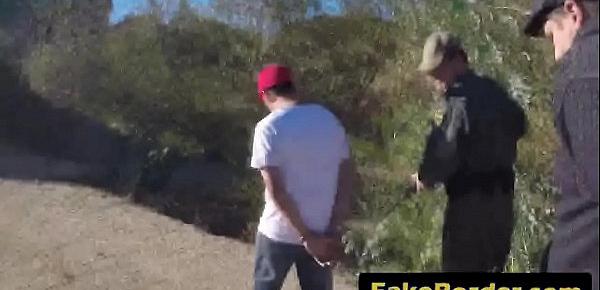  Two border agents in a threeway fuck with a sexy brunette immigrant slut